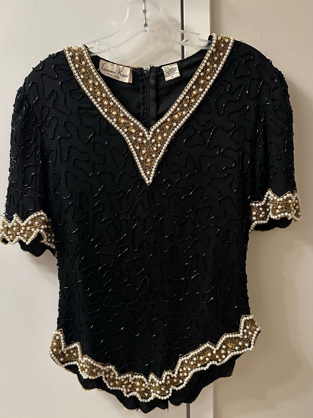 Laurence Kazar Black Beaded V-Neck Evening Blouse